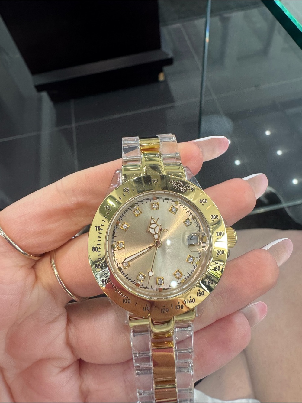 New ToyWatch Clear Acrylic Gold Tone Crystal Dial Dress Watch